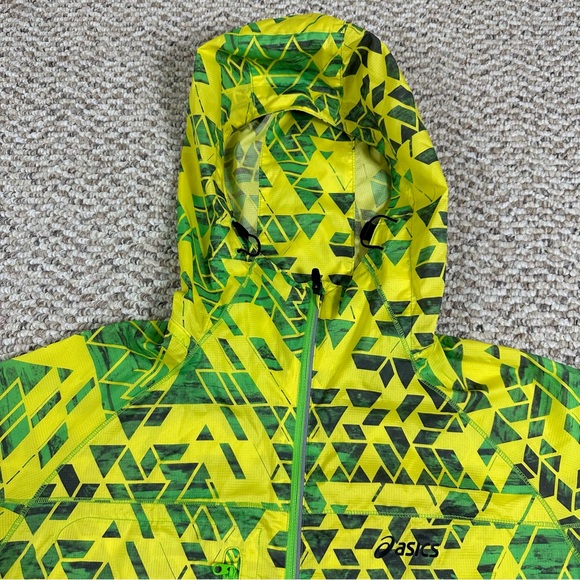 Asics Running Jacket Zip Up Windbreaker Green Yellow Geometric Size Small - Picture 2 of 8